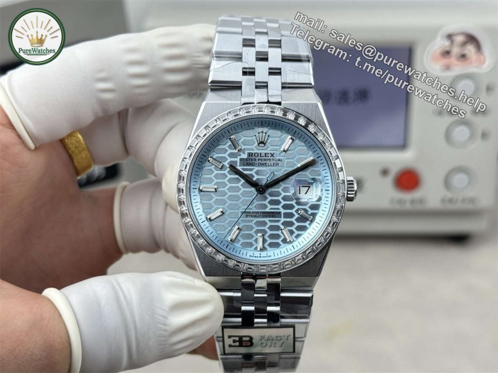 3B Factory Rolex Land-Dweller 127386TBR-0001 Replica ?C Platinum Look, Diamond Bezel & 163g Full Weight